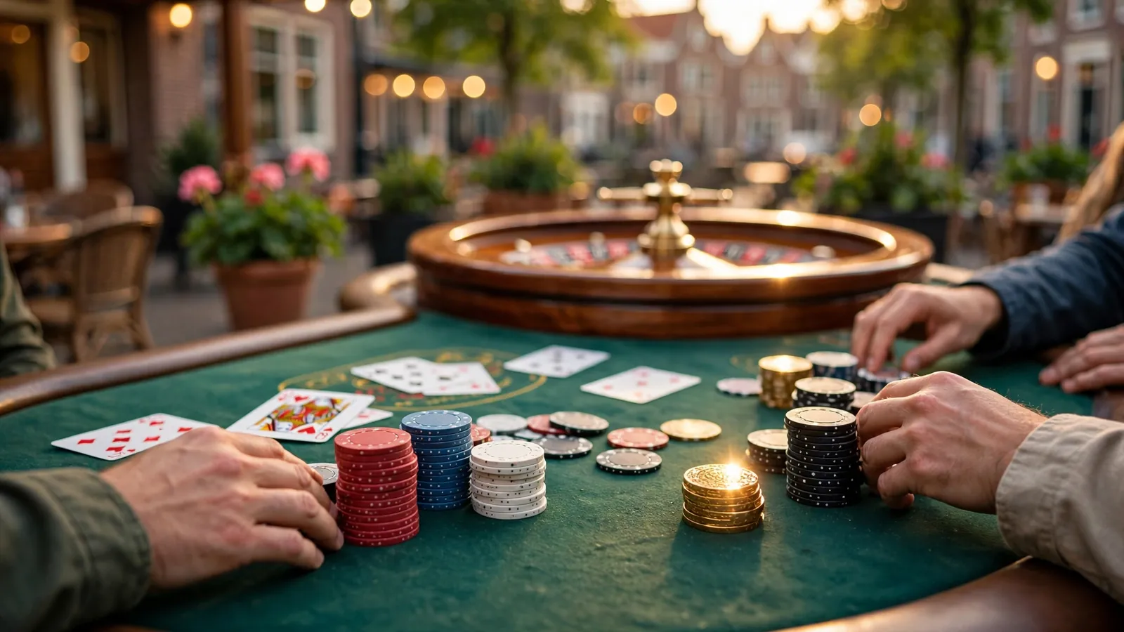 Kleurrijke casino fiches en speelkaarten op groene speeltafel met roulette op de achtergrond