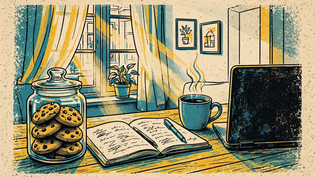 Glazen pot met koekjes op een houten aanrecht naast een notitieboek en een laptop.