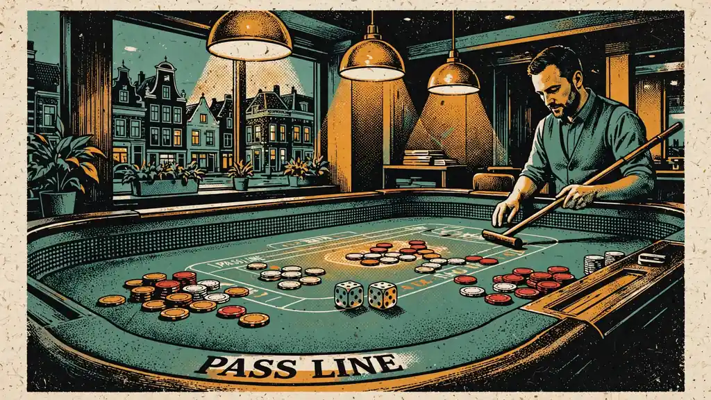 Craps casino tafel met dobbelstenen en fiches in sfeervol interieur.