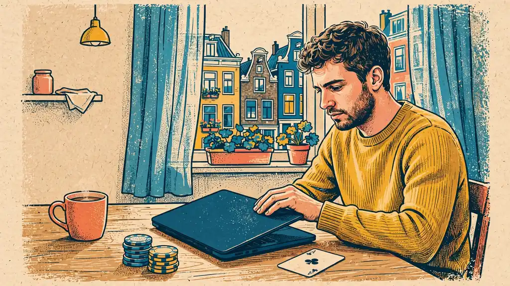 Nederlandse man sluit laptop aan keukentafel met speelfiches