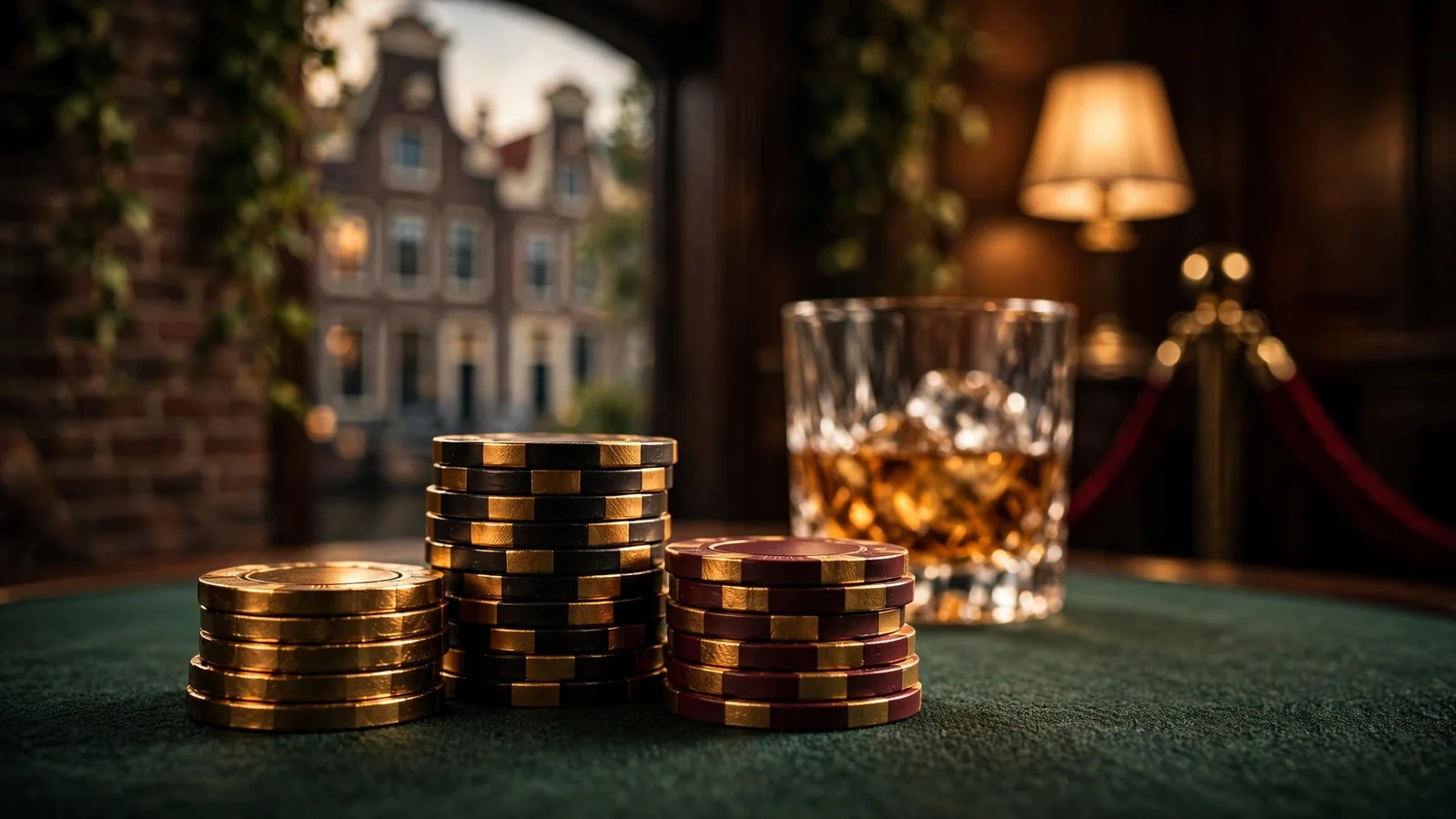 Stapel exclusieve casinochips in goudtinten op groen vilt met sfeervolle verlichting