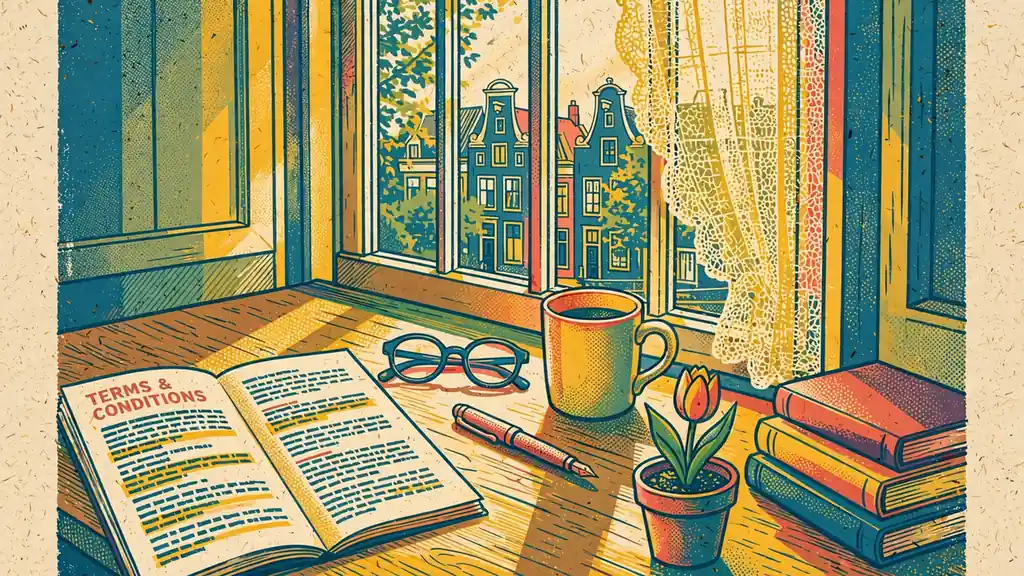 Houten bureau bij raam met gebruiksvoorwaarden, bril, vulpen en mok.