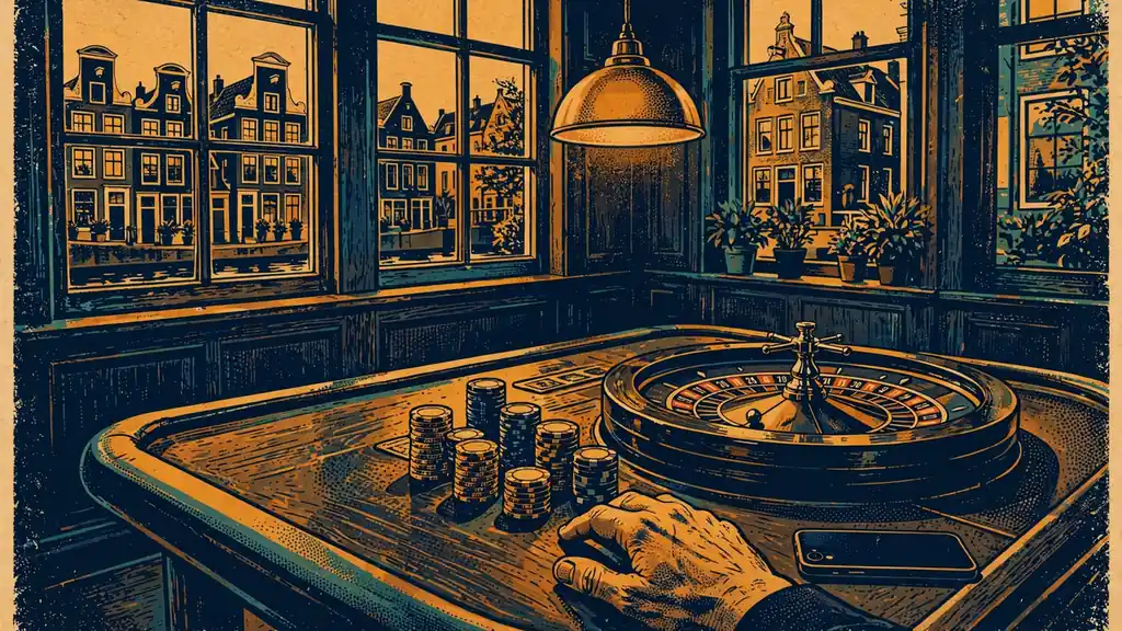 Casinotafel met fiches en roulettewiel in sfeervol verlichte kamer