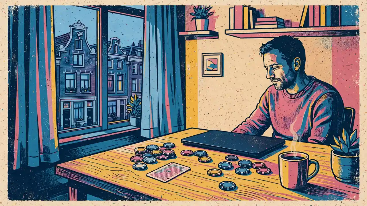 Persoon aan bureau met pokerfiches en gesloten laptop