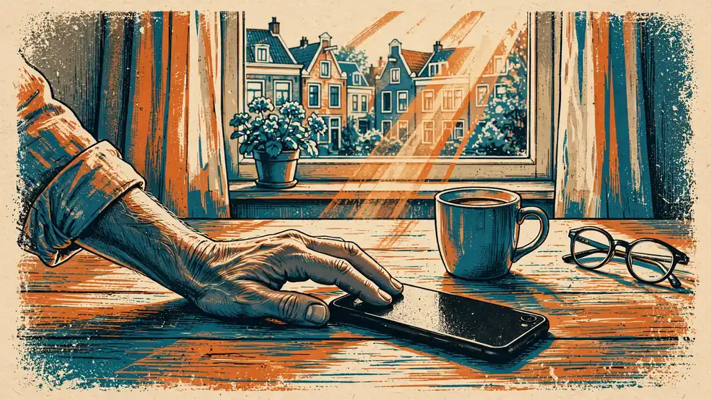 Hand legt telefoon weg tijdens een speelmoment
