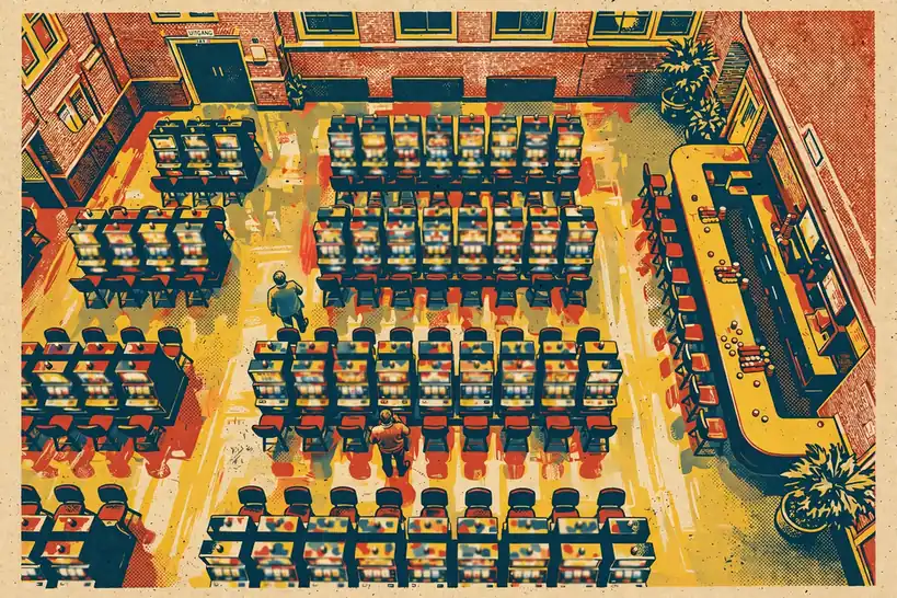Overzicht van een zaal met verschillende slotmachines