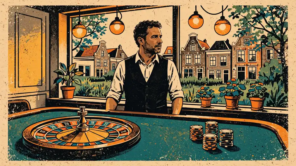 Live dealer achter een roulettetafel in een studio