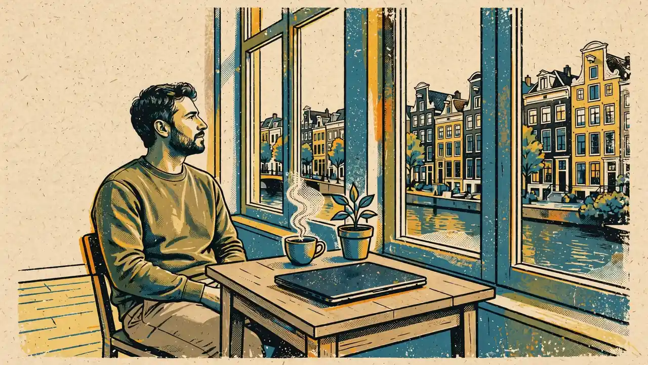 Persoon in een licht Nederlands appartement met zicht op Amsterdamse grachtenpanden