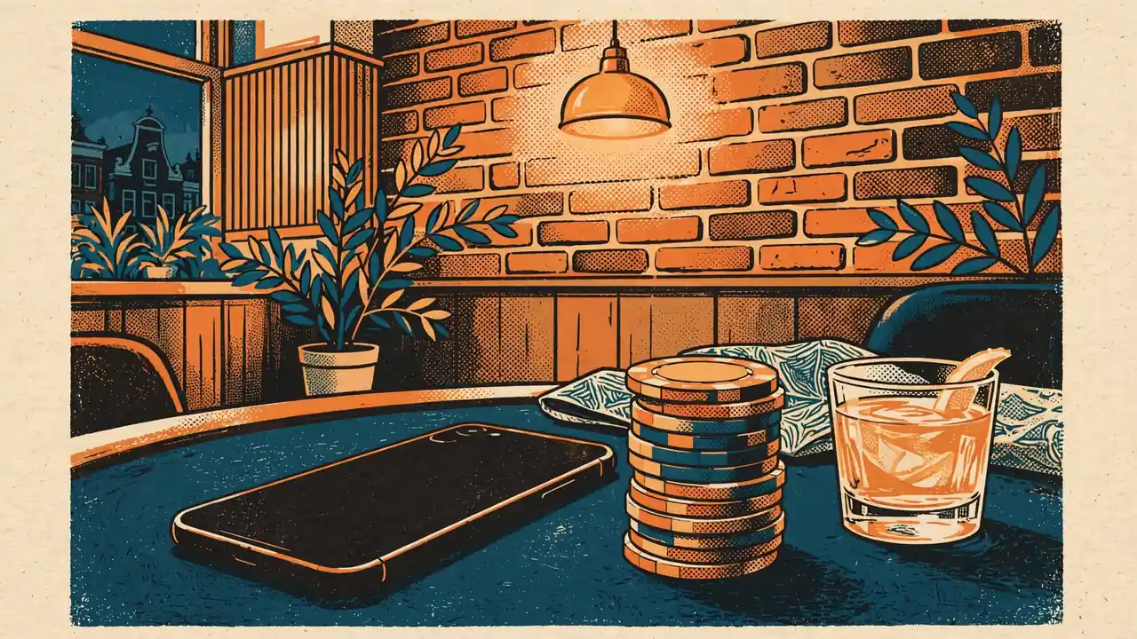 Moderne smartphone op een casinotafel met pokerfiches in een warm verlicht Amsterdams café.