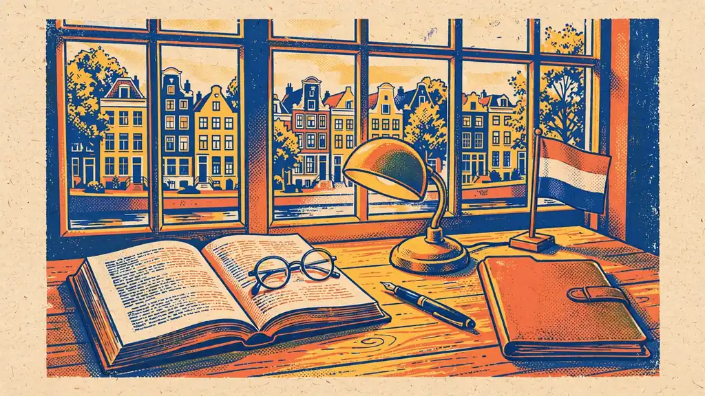 Houten bureau met juridisch boek, leesbril en Nederlandse vlag bij raam