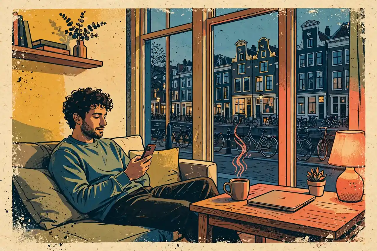 Persoon op bank met smartphone in modern Nederlands appartement