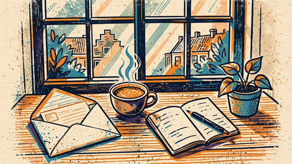 Open envelop op een bureau met koffie en notitieboek