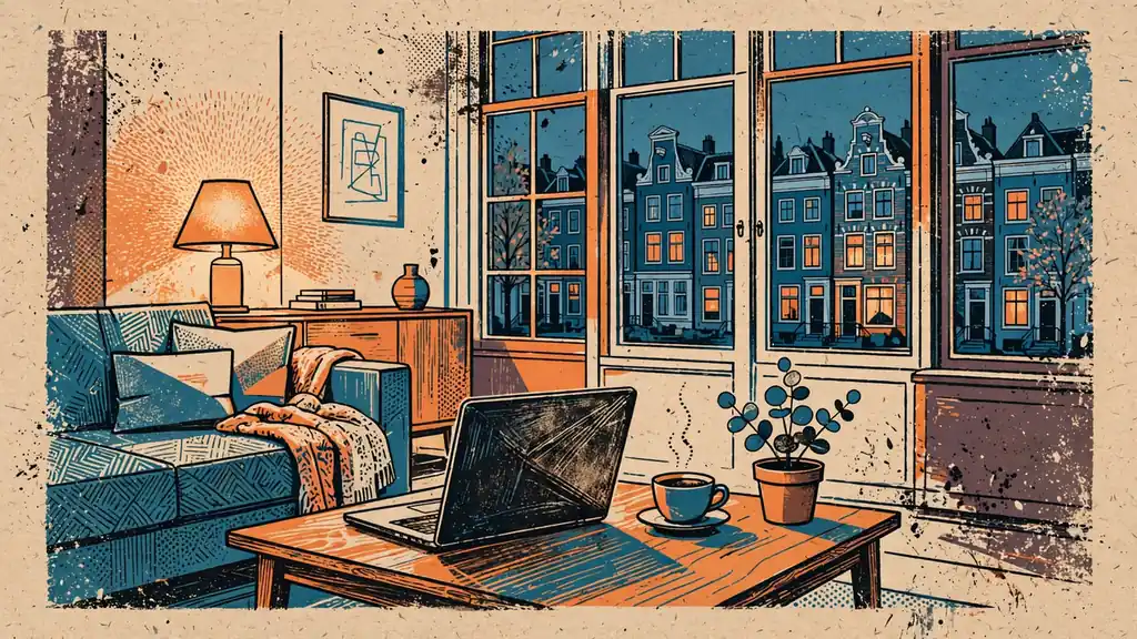 Moderne Nederlandse huiskamer met laptop en koffie bij warm lamplicht