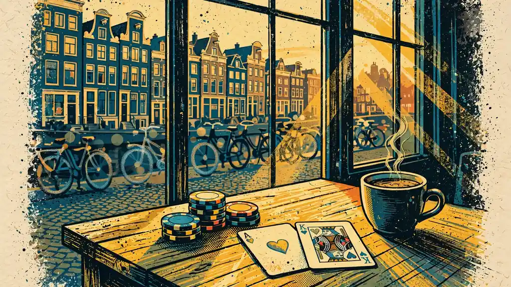 Houten tafel bij raam met uitzicht op Amsterdamse grachten, casinofiches en speelkaarten