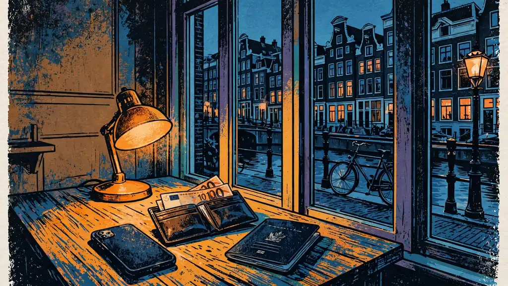 Sfeer van een avond in een Amsterdams grachtenpand met telefoon en documenten