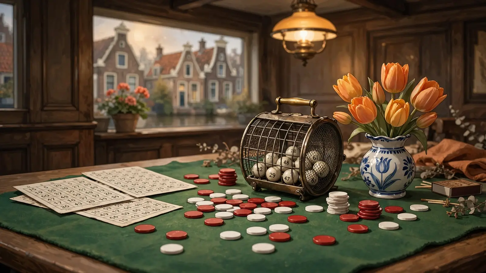 Houten bingotafel met chips, bingokaarten en een stille bingozaal in Nederlandse stijl