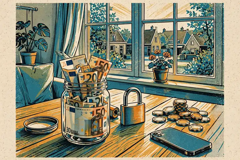 Stapel euromunten en een geopend hangslot op een houten tafel in een huiskamer