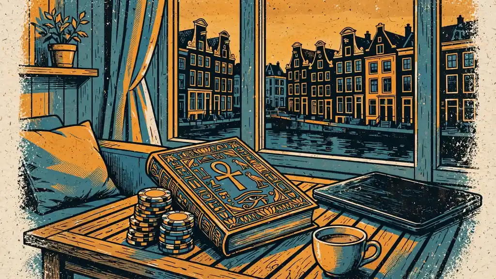 Stijlvolle Nederlandse woonkamer met Boek der Doden en casinofiches op tafel