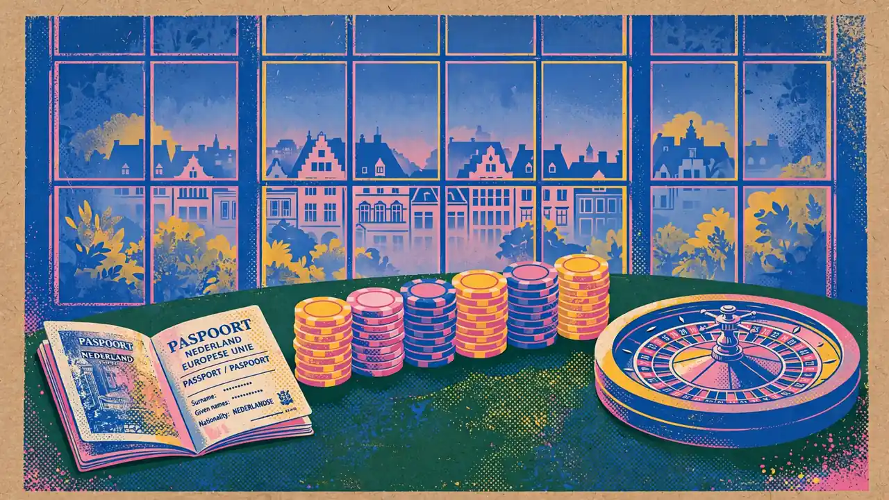 Casinofiches en roulettewiel op groen speeltafel met Duitse skyline op de achtergrond