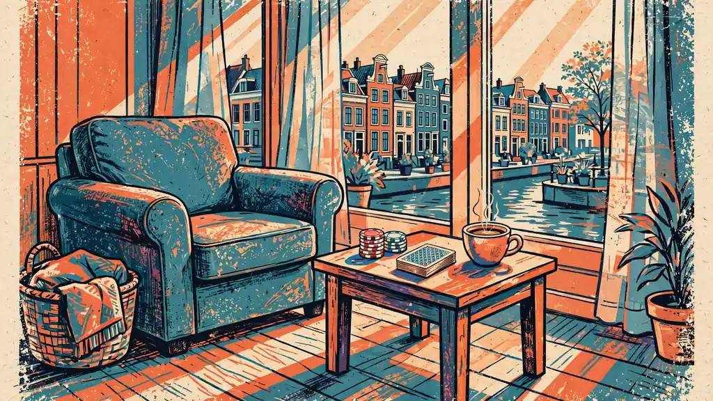 Gezellige Nederlandse huiskamer met casinofiches en speelkaarten op een houten tafel bij het raam.