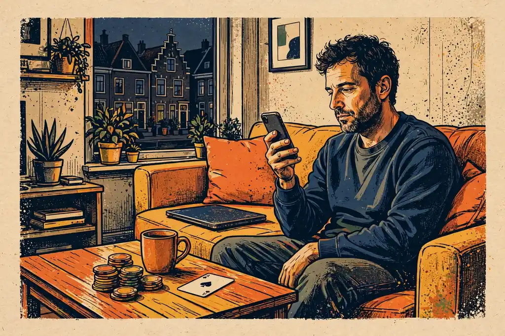 Man op de bank met telefoon, casinofiches op tafel.