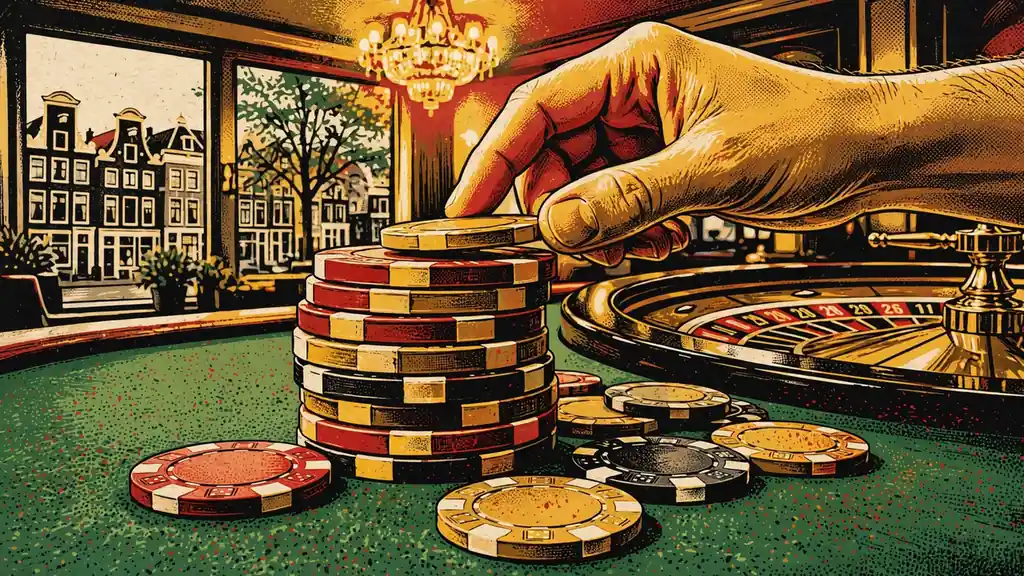 Stapel casinofiches op een groene speeltafel in een sfeervolle zaal.