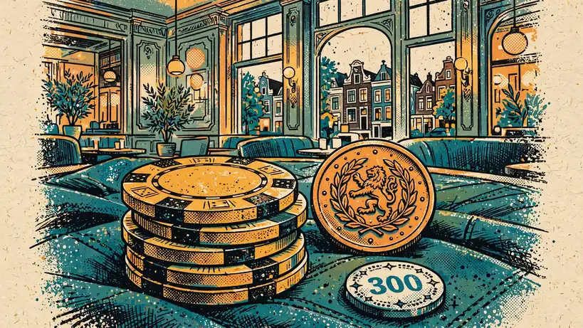 Stapel casinofiches op een groen tafel met een gouden munt en een 300-token.