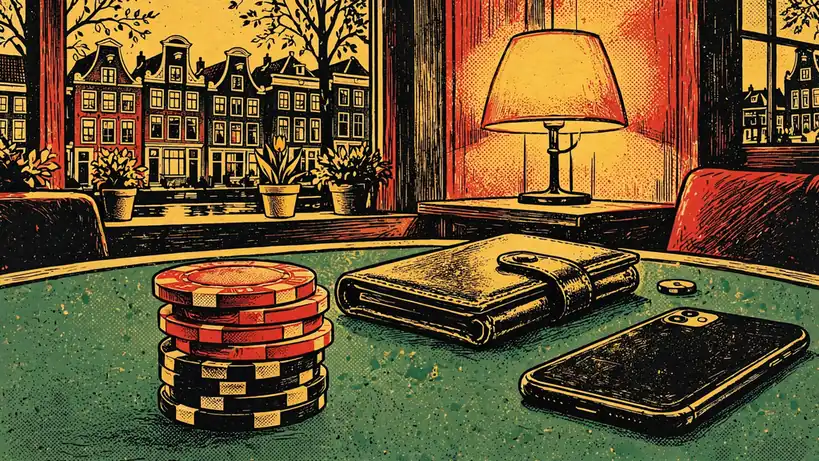 Stapel casinofiches met een smartphone op een groene speeltafel.