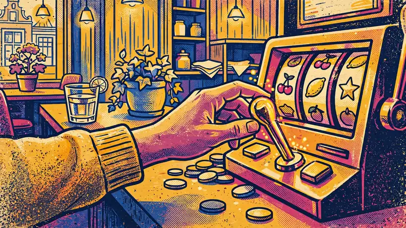 Hand aan hendel van gokkast in Nederlands café met munten en likeurglas