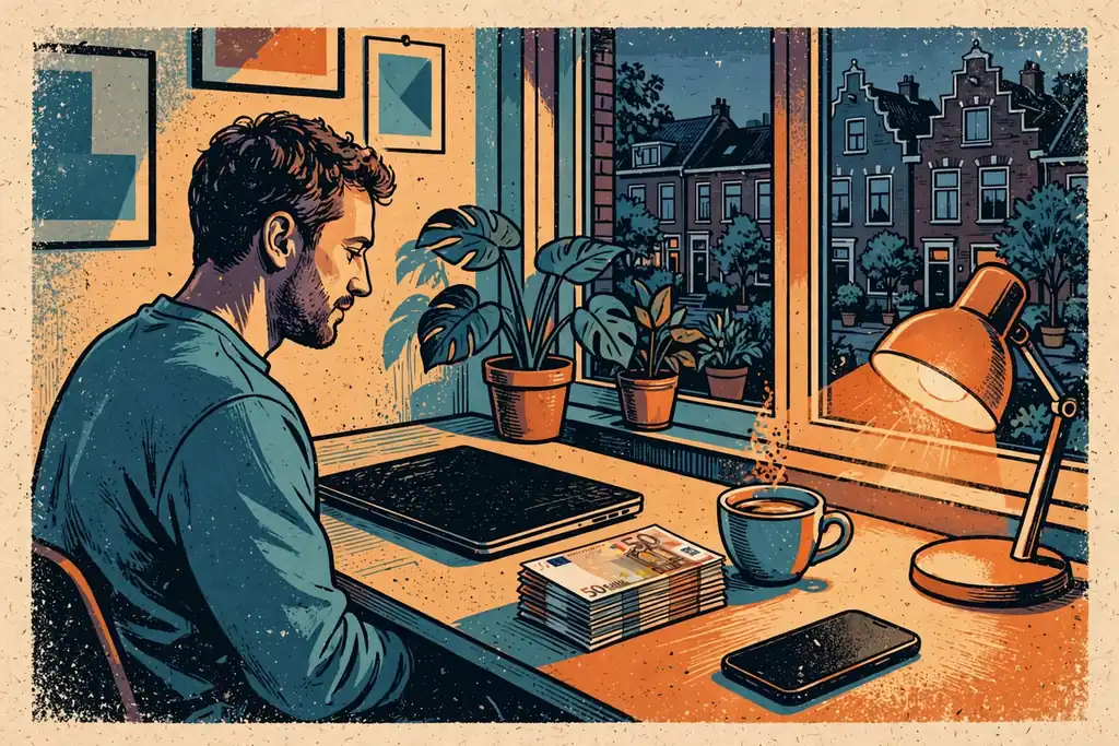 Avondtafereel van thuis spelen met stapel eurobiljetten naast gesloten laptop.
