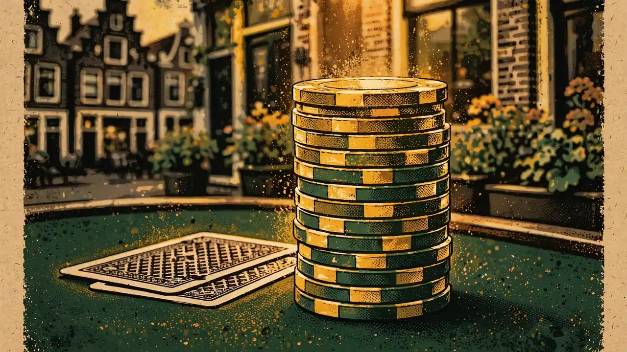 Hoge stapel gouden en groene casinofiches op een groene speeltafel met speelkaarten