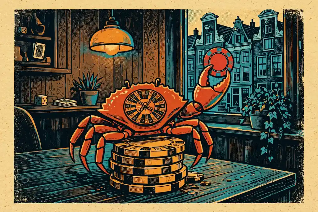 Rode krab op stapel gouden casinofiches in donkere speelruimte