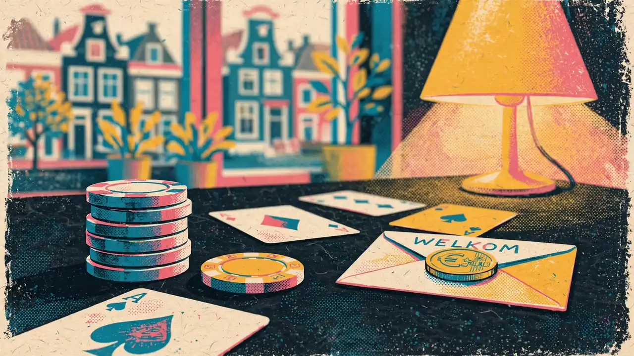 Casinochips en speelkaarten op een vilten tafel met een welkomstenvelop en munt.