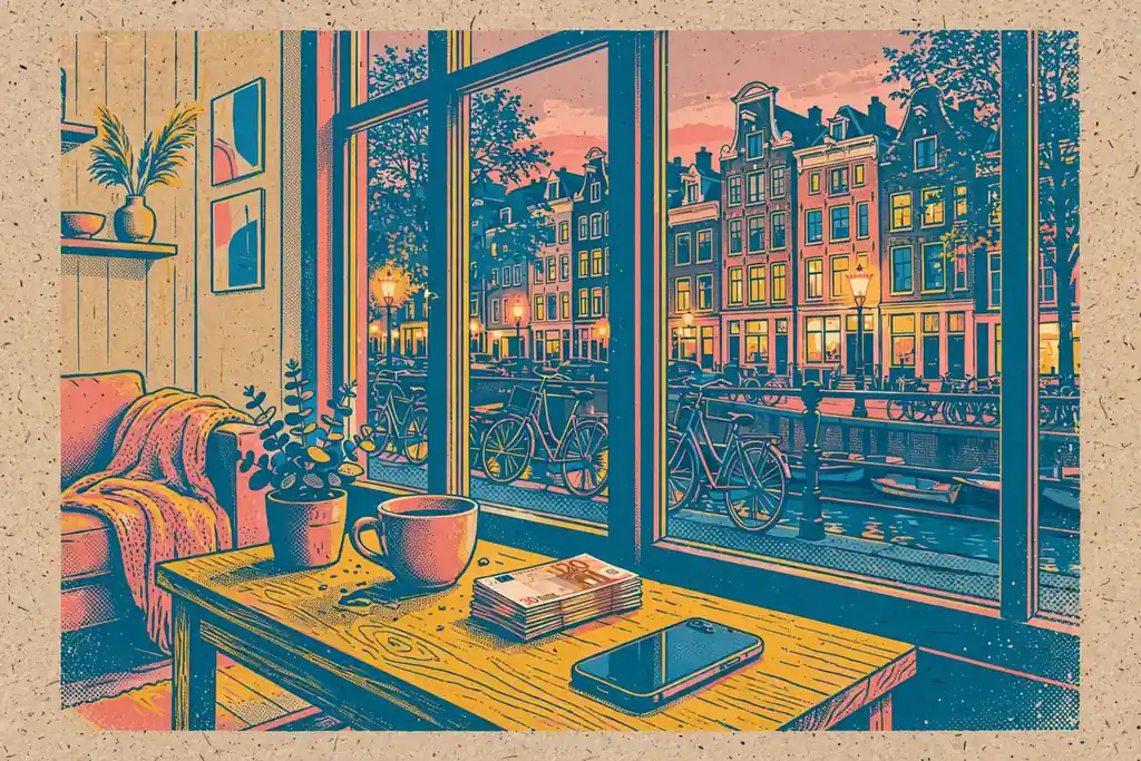 Smartphone met eurobiljetten in een Nederlands interieur aan een gracht
