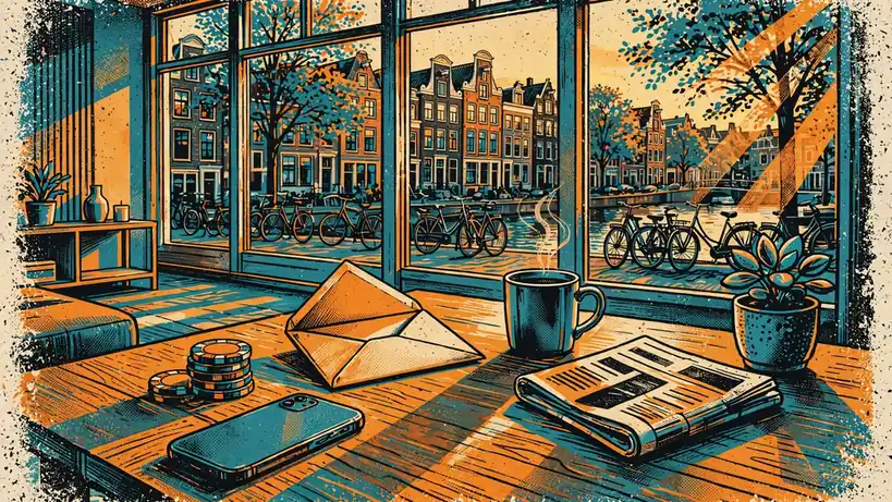 Moderne Nederlandse woonkamer met casinofiches en envelop op tafel bij warm avondlicht