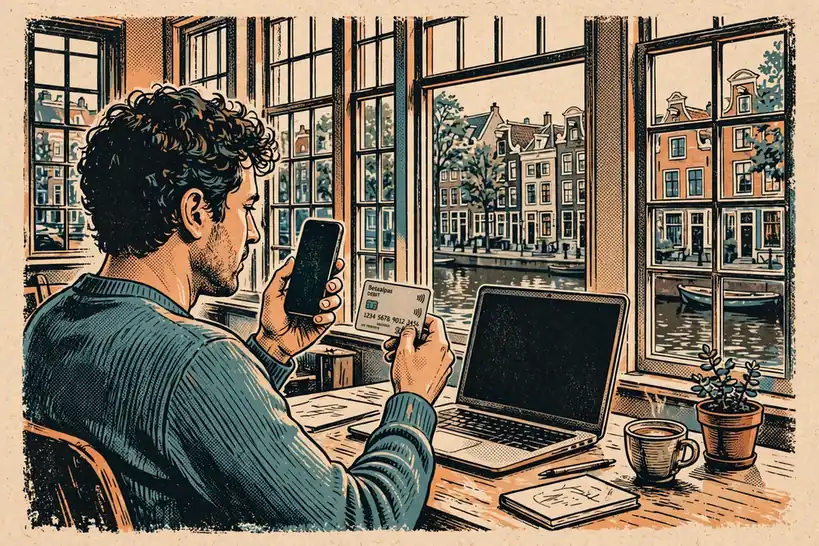 Persoon met smartphone en bankpas aan bureau in Amsterdamse grachtenwoning
