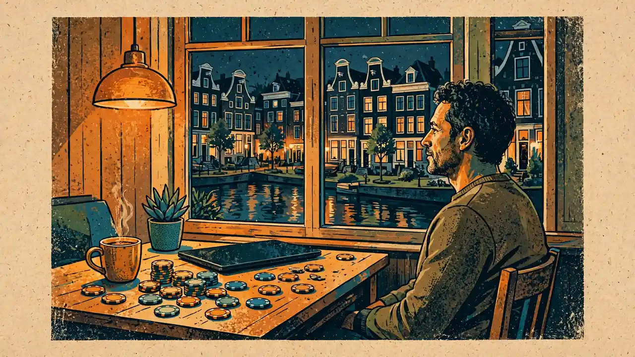 Persoon aan tafel in Nederlands huis met casinofiches en laptop, kanaalstraat zichtbaar door raam