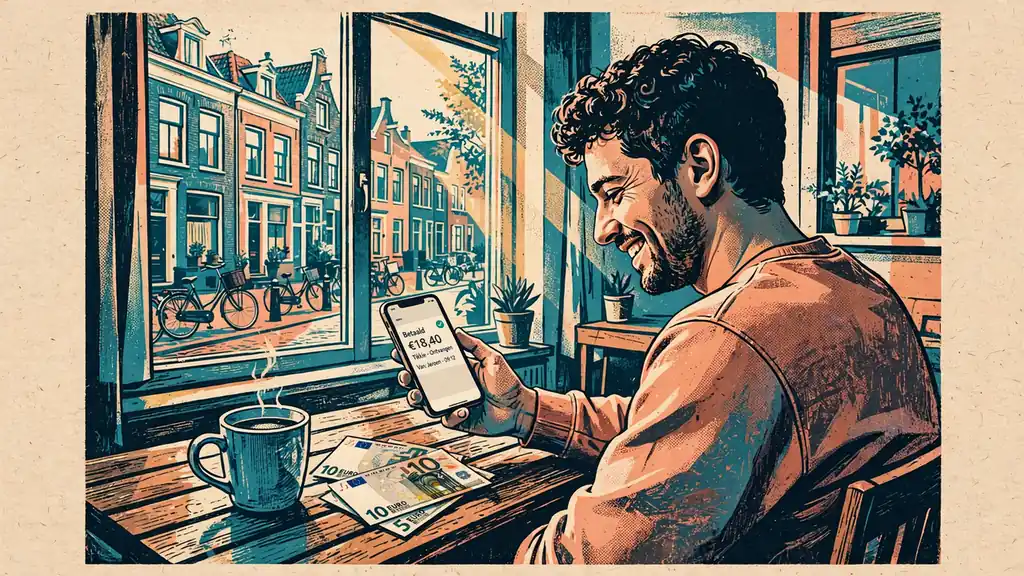 Nederlandse speler controleert euro-uitbetaling op smartphone in een lichte woning