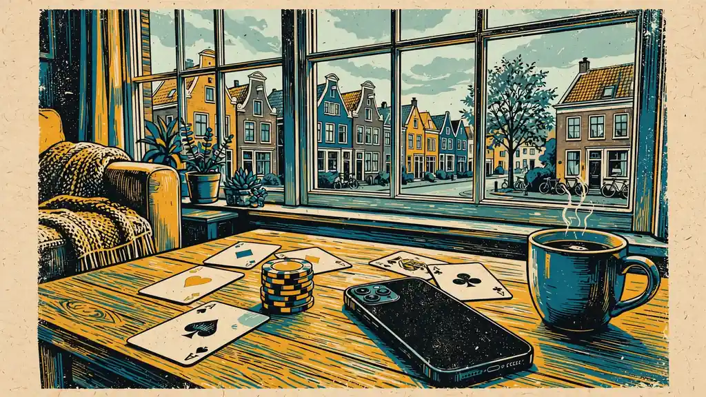 Nederlandse woonkamer met smartphone, fiches en speelkaarten op tafel.