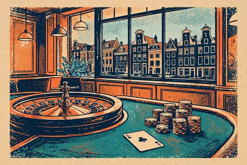 Live casinostudio met roulette, blackjacktafel en Nederlandse grachtenpanden door het raam.