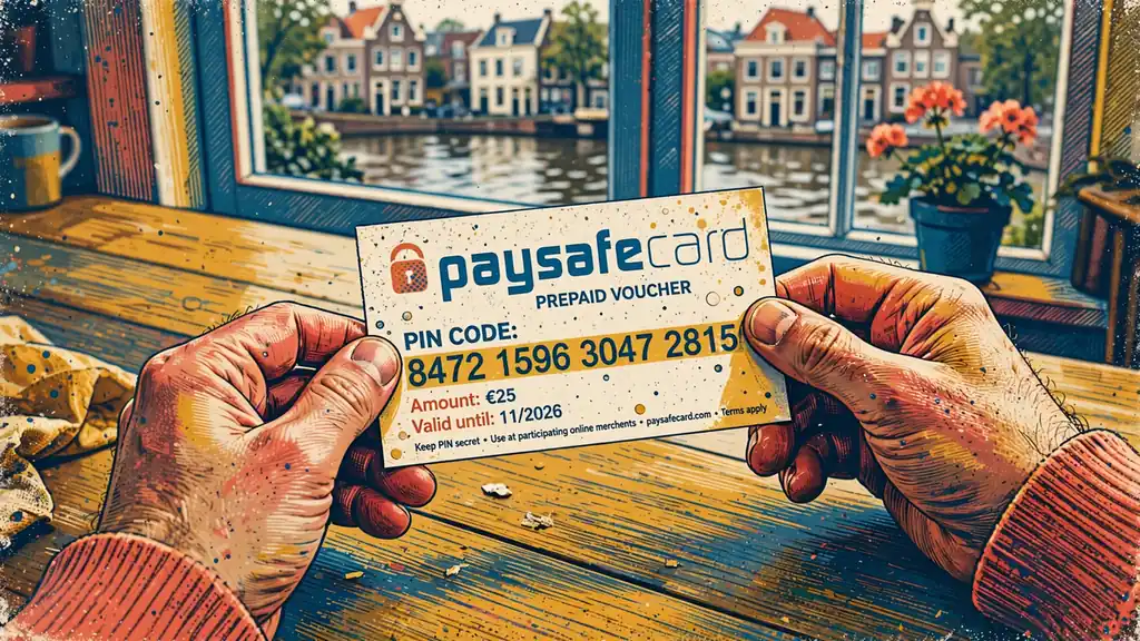 Handen houden een Paysafecard voucher met pincode in een Nederlands huis