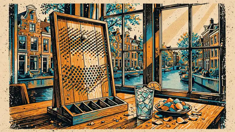 Een Plinko-spelbord met pinnen op een tafel in een Nederlands interieur met grachtzicht