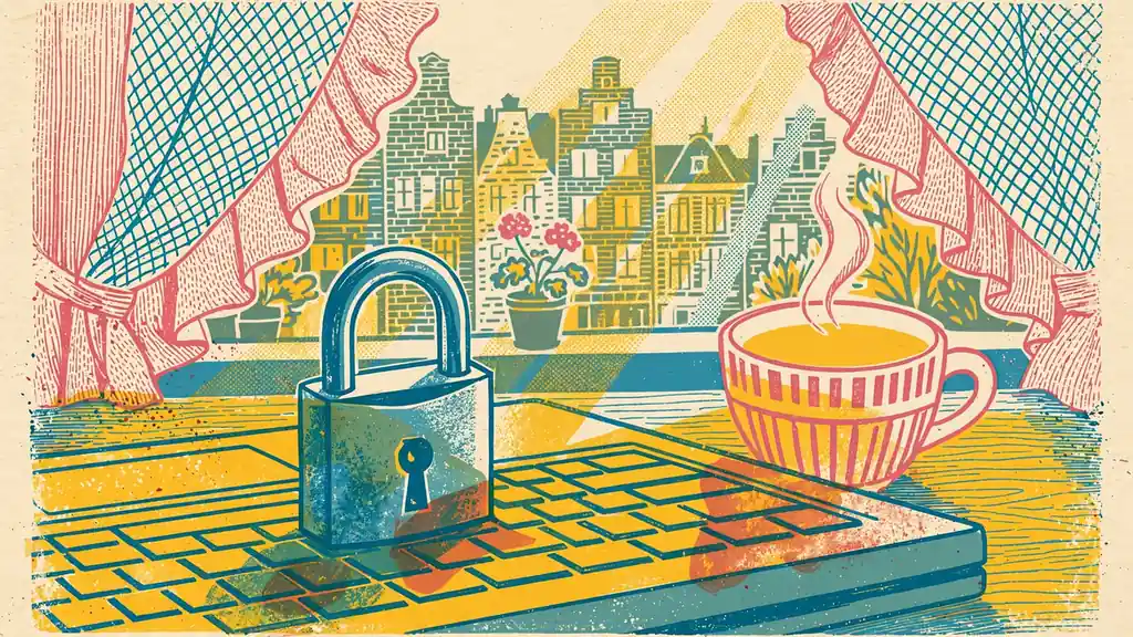 Gesloten hangslot op laptop met koffiekopje en ochtendlicht