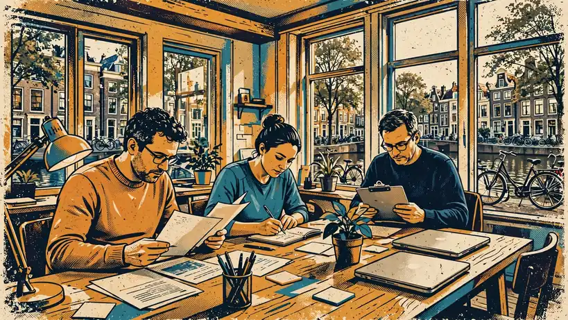 Redactieteam van drie personen die documenten bestuderen aan een houten tafel in een kamer met uitzicht op een Amsterdamse gracht.