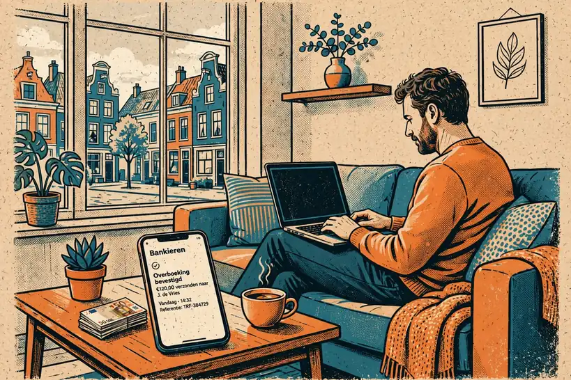 Nederlandse speler met laptop en smartphone in huiskamer, snelle uitbetaling casino