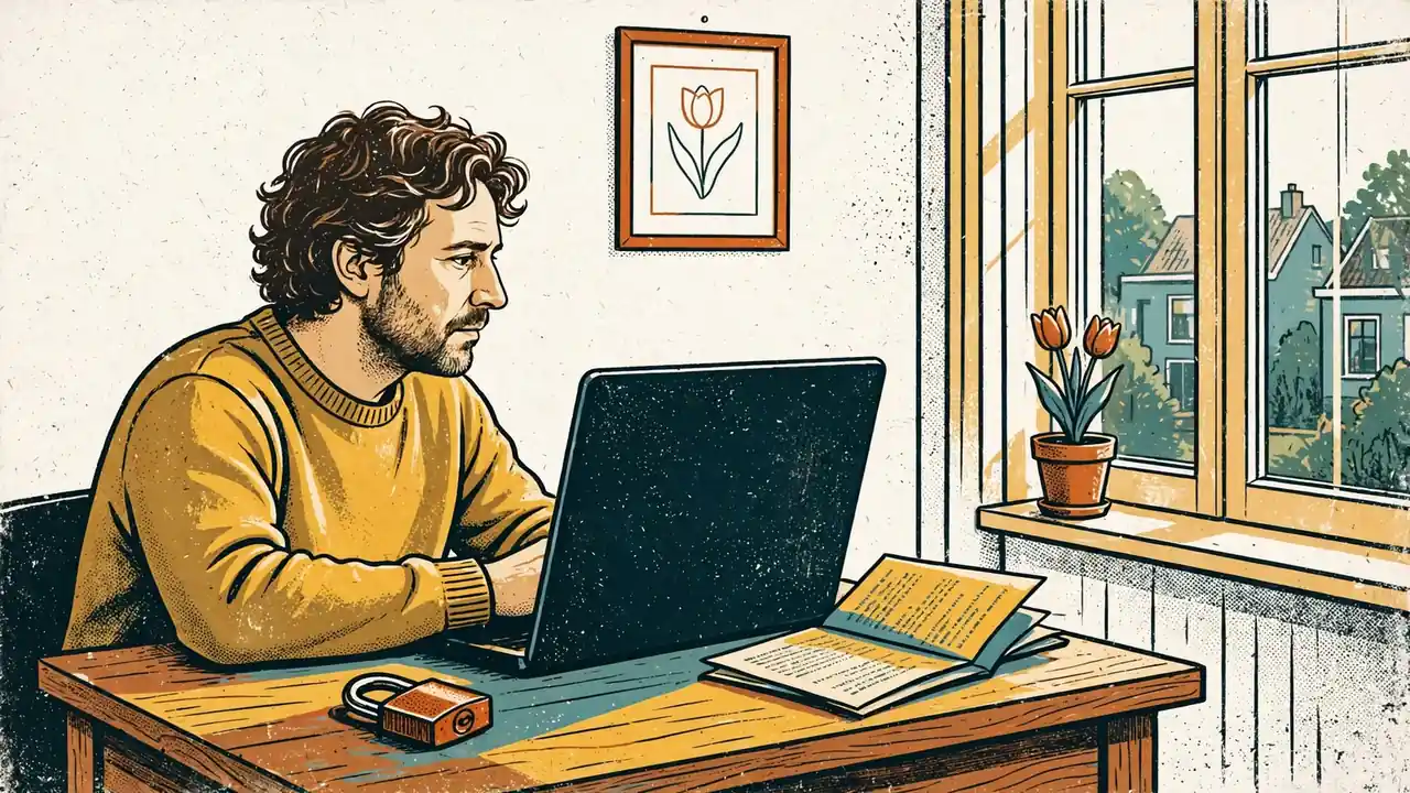 Persoon die voorwaarden leest op laptop in een licht Nederlands huis