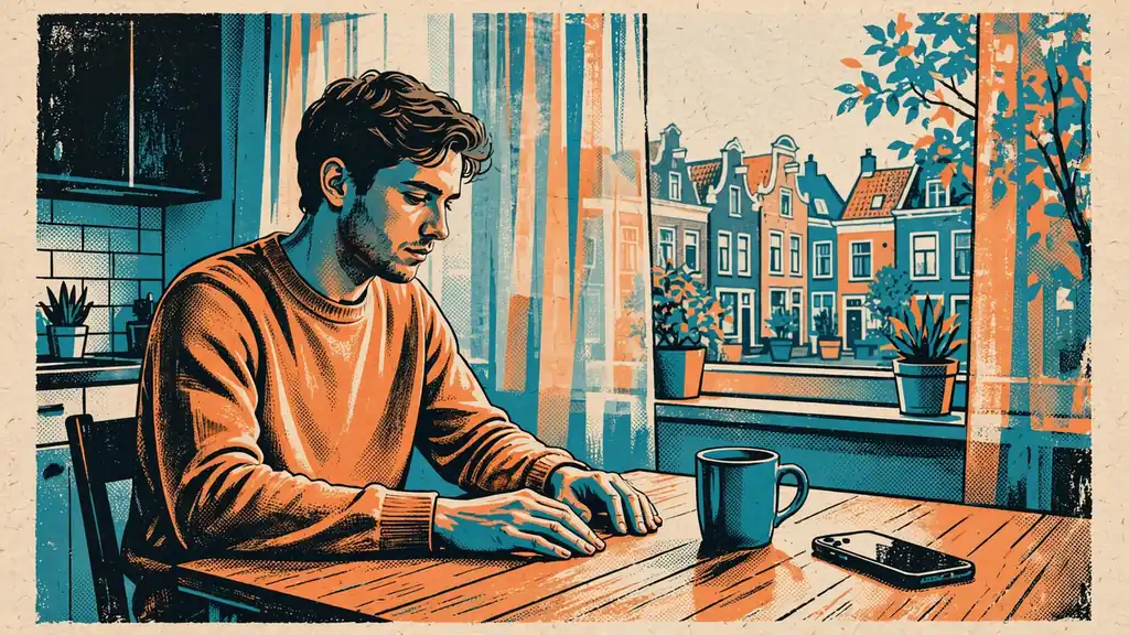 Persoon alleen aan keukentafel, telefoon ondersteboven, reflectief moment
