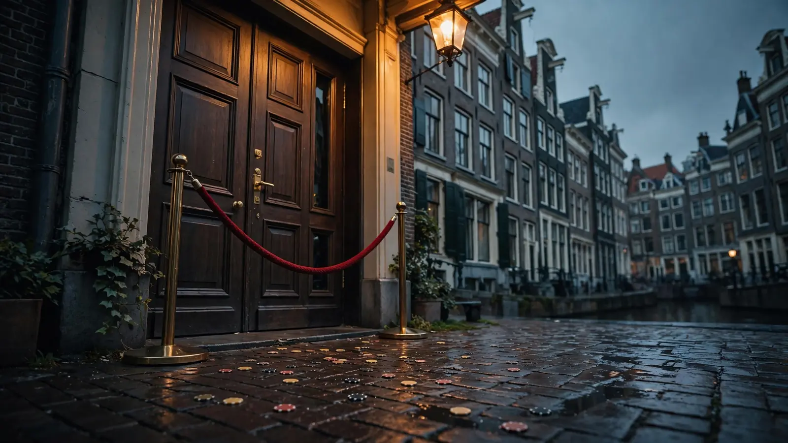Gesloten casino-ingang in Amsterdam met verspreide fiches en fluwelen koord
