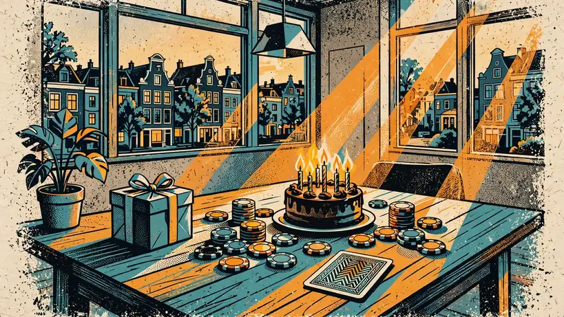 Verjaardagstaart met kaarsen, casinofiches en een speelkaart op tafel