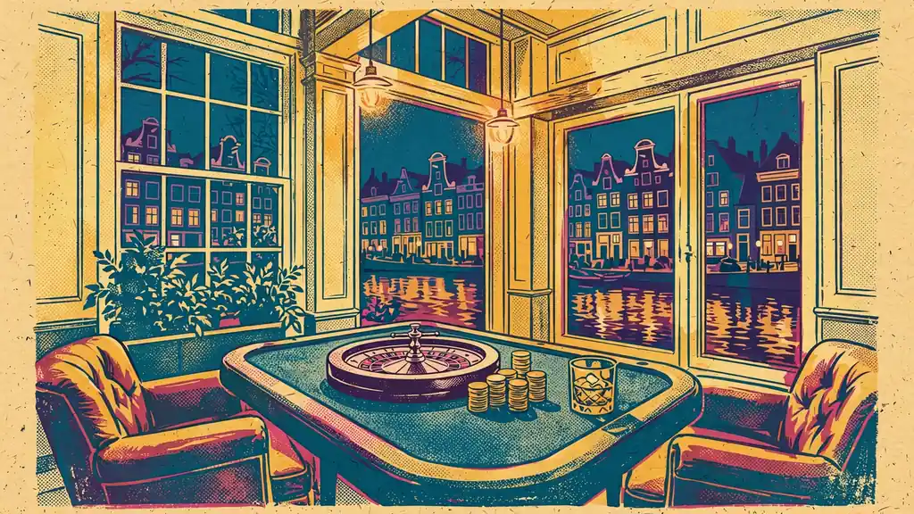 VIP-lounge in een Amsterdams grachtenpand met roulette en whisky bij avondlicht